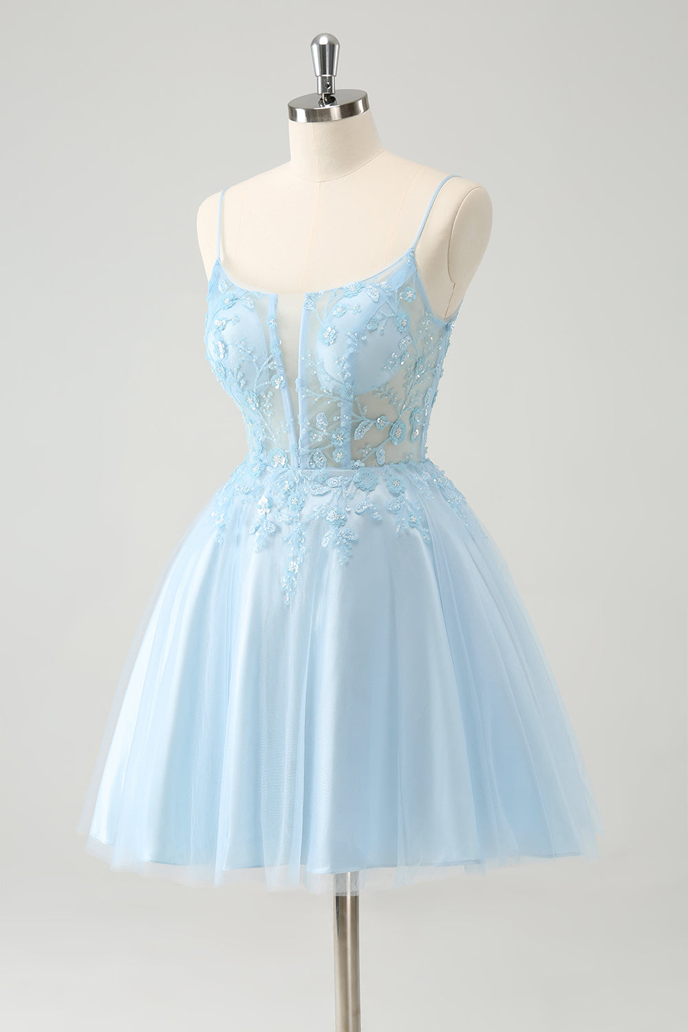 Cute Glitter Blue A Line Beaded Corset Short Homecoming Dress with Appliques