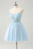 Cute Glitter Blue A Line Beaded Corset Short Homecoming Dress with Appliques