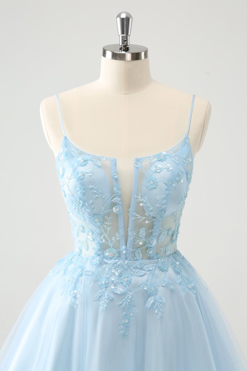 Cute Glitter Blue A Line Beaded Corset Short Homecoming Dress with Appliques