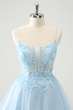 Cute Glitter Blue A Line Beaded Corset Short Homecoming Dress with Appliques