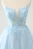 Cute Glitter Blue A Line Beaded Corset Short Homecoming Dress with Appliques