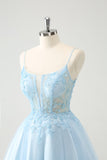 Cute Glitter Blue A Line Beaded Corset Short Homecoming Dress with Appliques