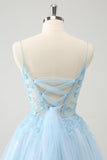 Cute Glitter Blue A Line Beaded Corset Short Homecoming Dress with Appliques