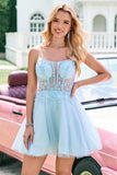 Cute Glitter Blue A Line Beaded Corset Short Homecoming Dress with Appliques