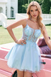Cute Glitter Blue A Line Beaded Corset Short Homecoming Dress with Appliques