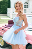 Cute Glitter Blue A Line Beaded Corset Short Homecoming Dress with Appliques