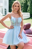 Cute Glitter Blue A Line Beaded Corset Short Homecoming Dress with Appliques