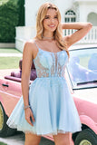 Cute Glitter Blue A Line Beaded Corset Short Homecoming Dress with Appliques