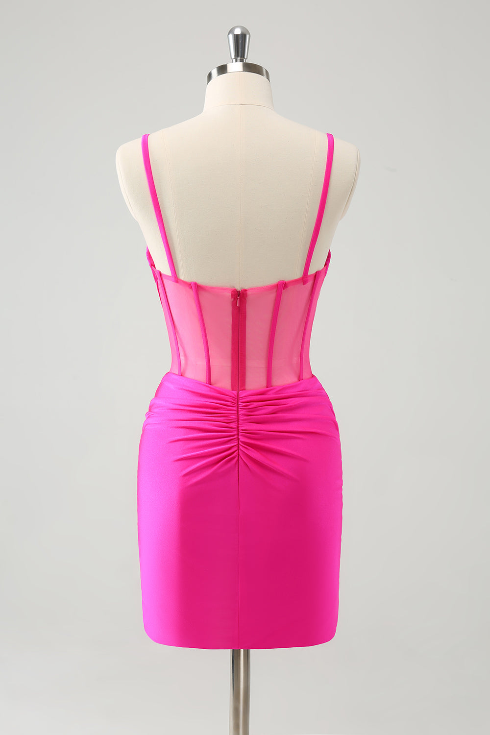 Glitter Fuchsia Spaghetti Straps Tight Corset Homecoming Dress with Beading