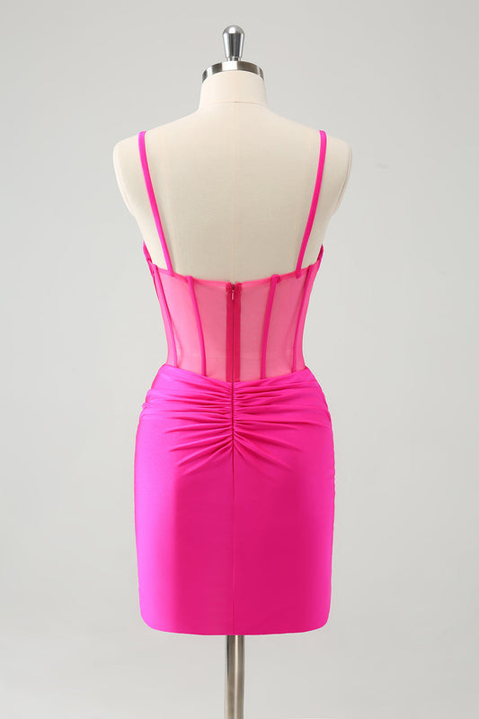 Glitter Fuchsia Spaghetti Straps Tight Corset Homecoming Dress with Beading