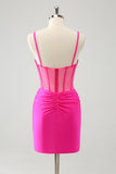 Glitter Fuchsia Spaghetti Straps Tight Corset Homecoming Dress with Beading
