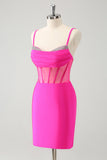 Glitter Fuchsia Spaghetti Straps Tight Corset Homecoming Dress with Beading