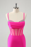Glitter Fuchsia Spaghetti Straps Tight Corset Homecoming Dress with Beading