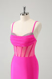Glitter Fuchsia Spaghetti Straps Tight Corset Homecoming Dress with Beading