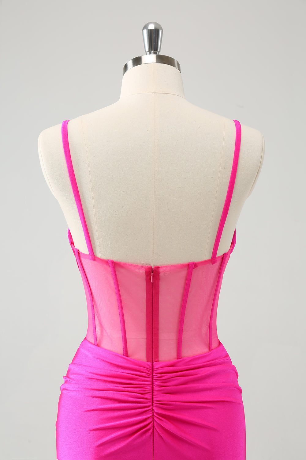 Glitter Fuchsia Spaghetti Straps Tight Corset Homecoming Dress with Beading