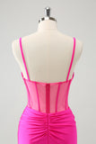Glitter Fuchsia Spaghetti Straps Tight Corset Homecoming Dress with Beading