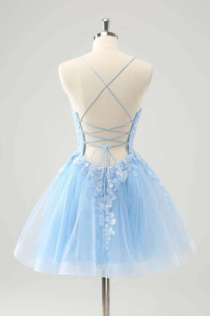 Zapakasa Women Cute Glitter Blue Short Homecoming Dress with Appliques