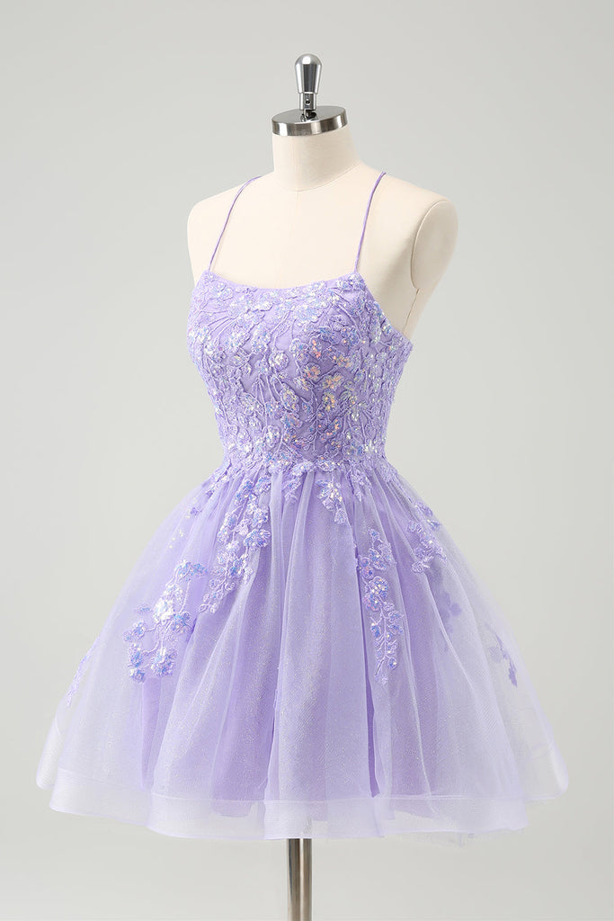 Lilac Scoop Neck Sleeveless Beaded A-Line Back Zipper Short Homecoming Dress