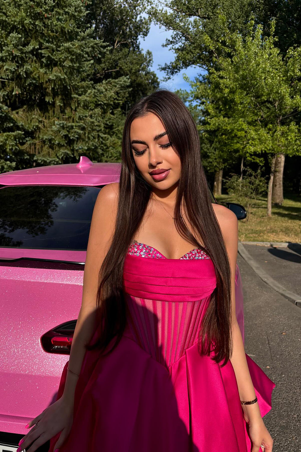 Cute Fuchsia A Line Sweetheart Corset Homecoming Dress with Beadings