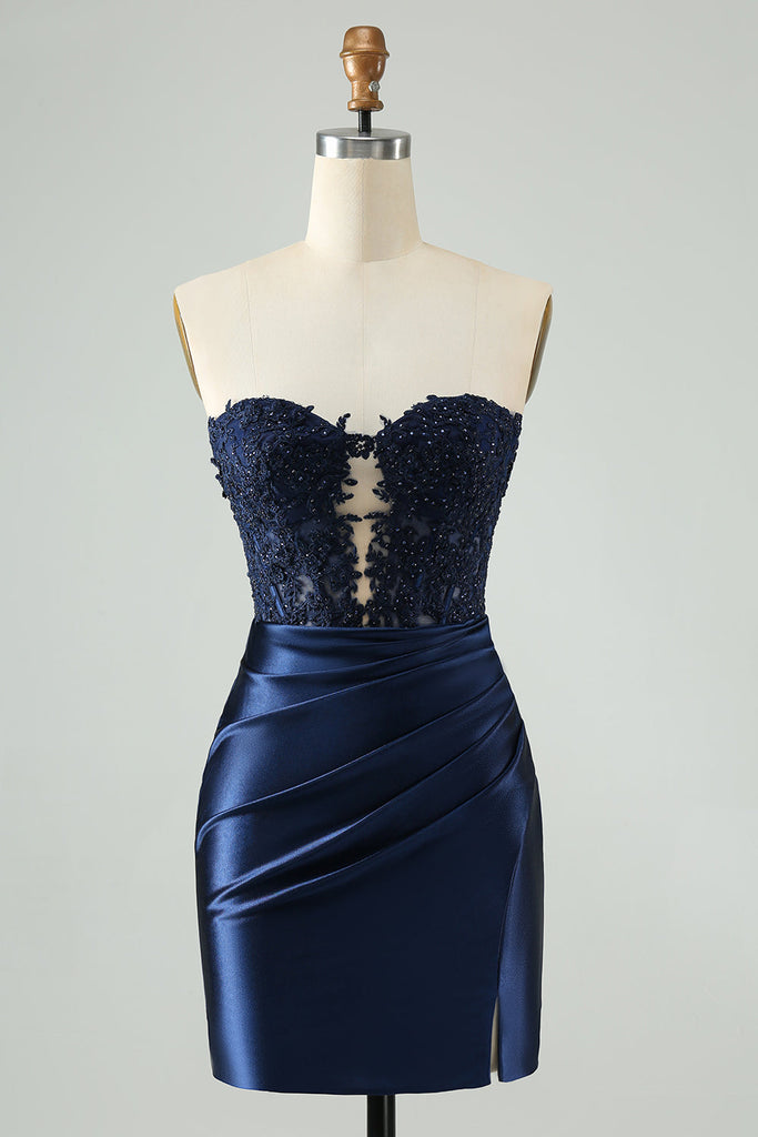 Royal Blue Pleats Flattering Strapless Sleeveless Homecoming Dress with Slit main image 1