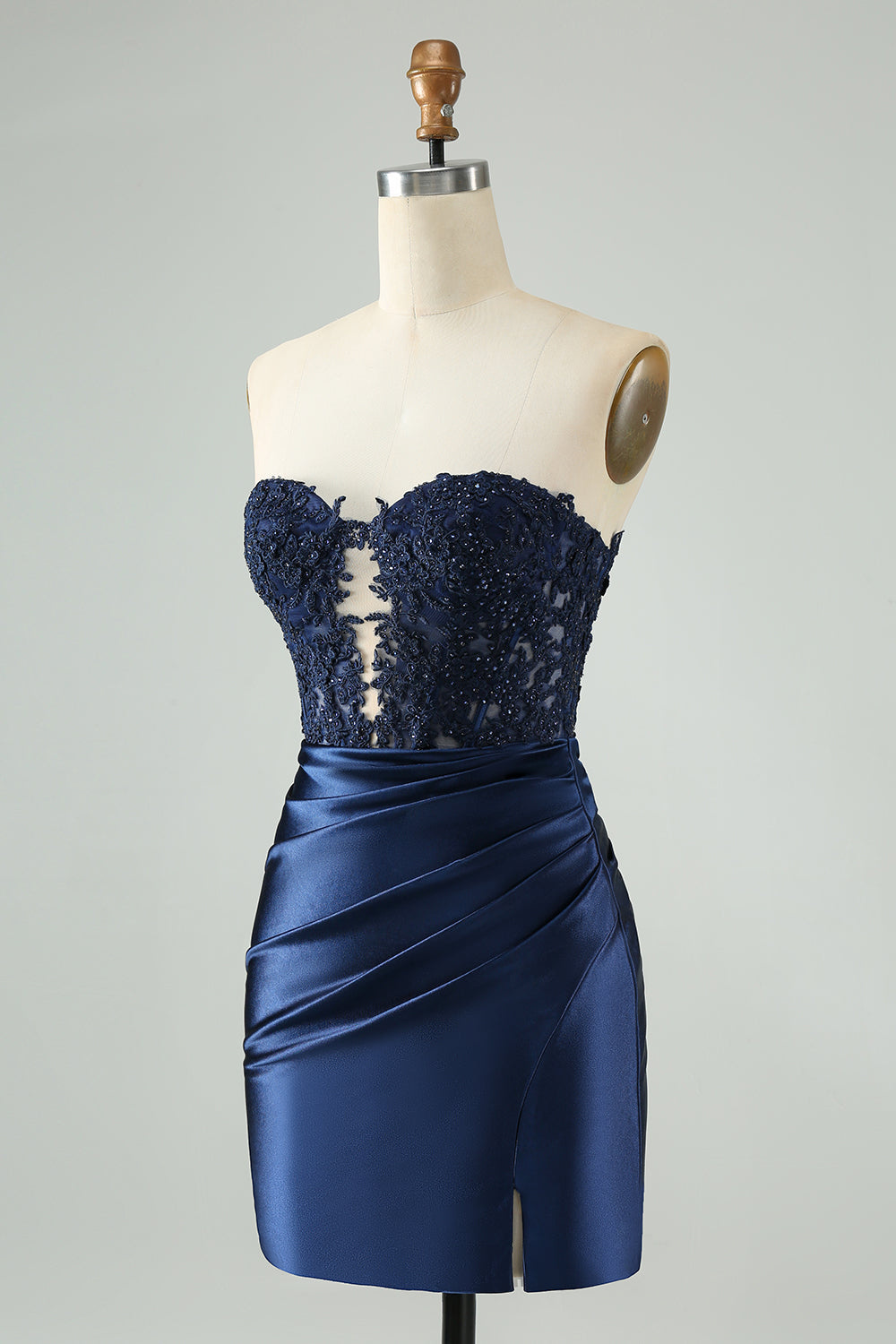 Zapakasa Women Sparkly Navy Homecoming Dress with Lace Strapless Bodycon Ruched Cocktail Dress with Slit Zapakasa Women Sparkly Navy Homecoming Dress with Lace Strapless Bodycon Ruched Cocktail Dress with Slit