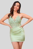 Green Spaghetti Straps Tight Corset Homecoming Dress with Lace