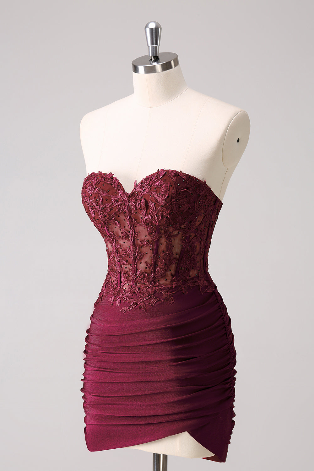 tight corset dresses Zapakasa Women Burgundy Strapless Homecoming Dress Corset Pleated Tight Short Party Dress with Appliques