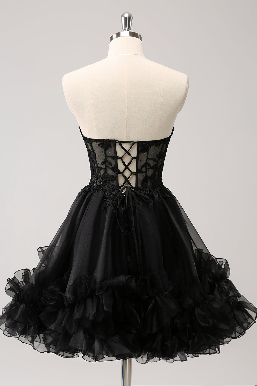 Zapaka Women Cute Black Homecoming Dress Ruffled Corset A Line Strapless Short Party Dress with Appliques Zapaka Women Cute Black Homecoming Dress Ruffled Corset A Line Strapless Short Party Dress with Appliques