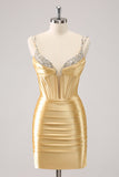 Golden Spaghetti Straps Tight Short Homecoming Dress with Sequins