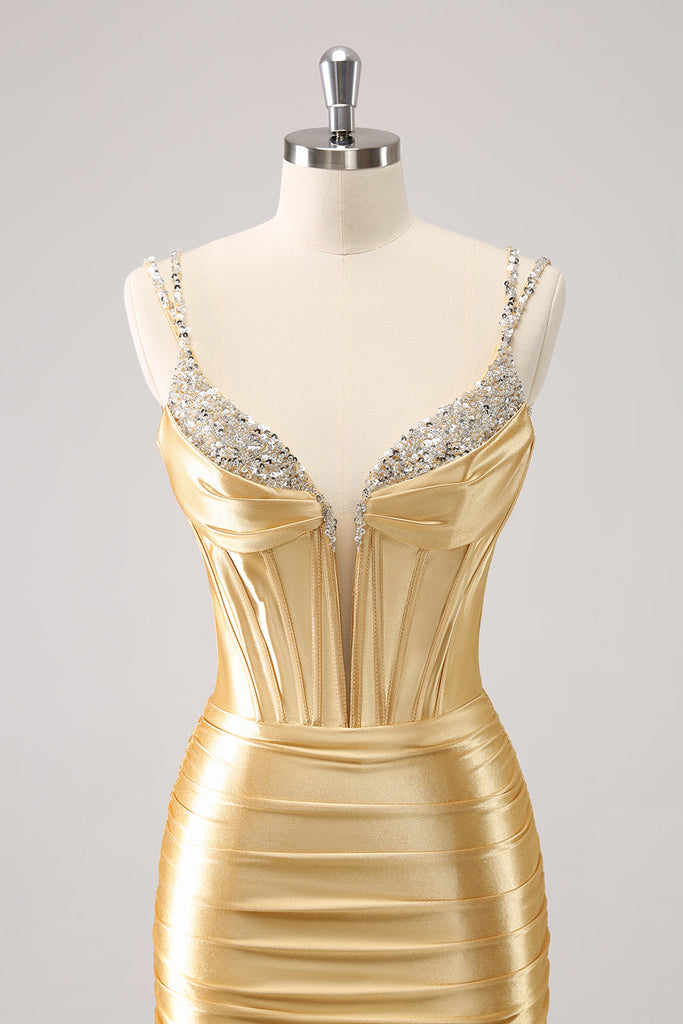 Pretty Gold Spaghetti Straps Sequin Short Birthday Outfits Formal Graduation Homecoming Dress Y9316 main image 0