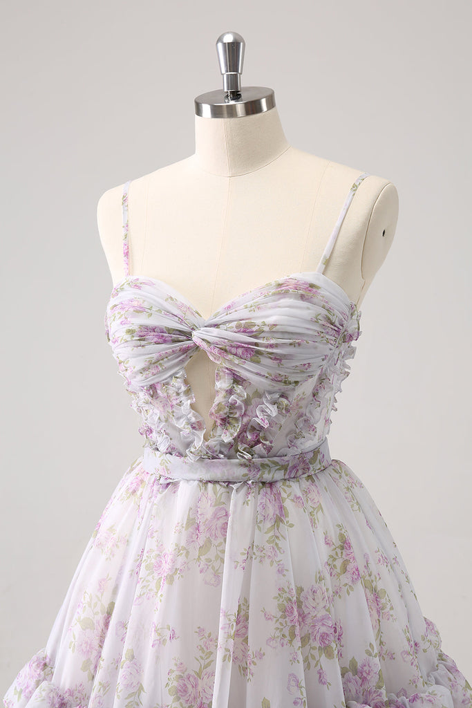 Lilac Tulle A Line Party Dress,Straps Homecoming Dress With Flowers Y8143