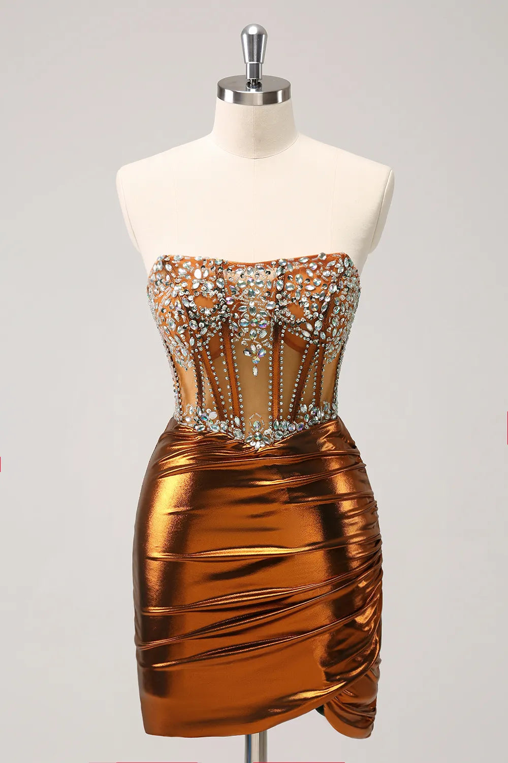 Zapaka Women Glitter Beaded Copper Strapless Tight Homecoming Dress ...