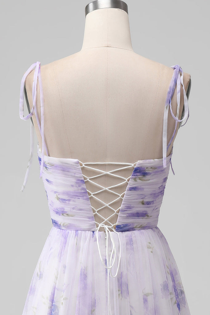 Lavender Flower A Line Cut Out Pleated Long Bridesmaid Dress