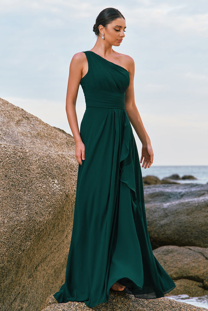 ZAPAKASA Women Dark Green Long Bridesmaid Dress A-Line One Shoulder