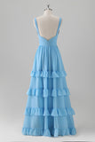 Blue Ruffled A-Line Long Bridesmaid Dress