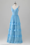 Blue Ruffled A-Line Long Bridesmaid Dress