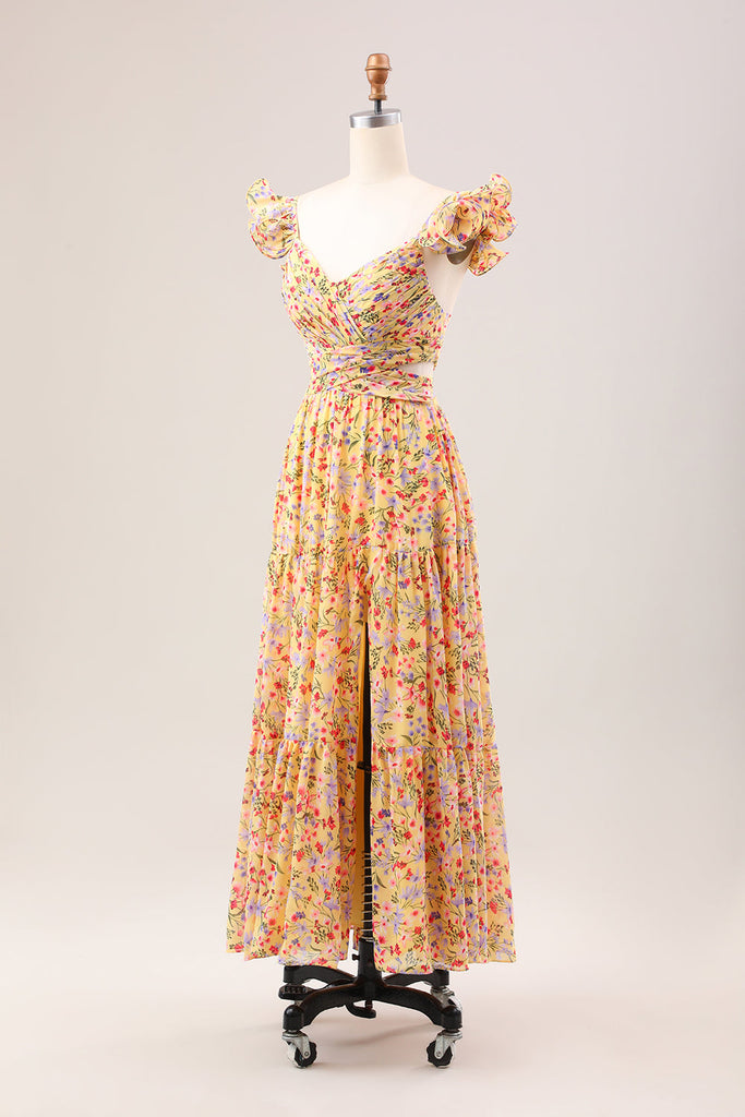 Zapakasa Women Yellow Flower Pleated Wedding Guest Dress with Slit A ...