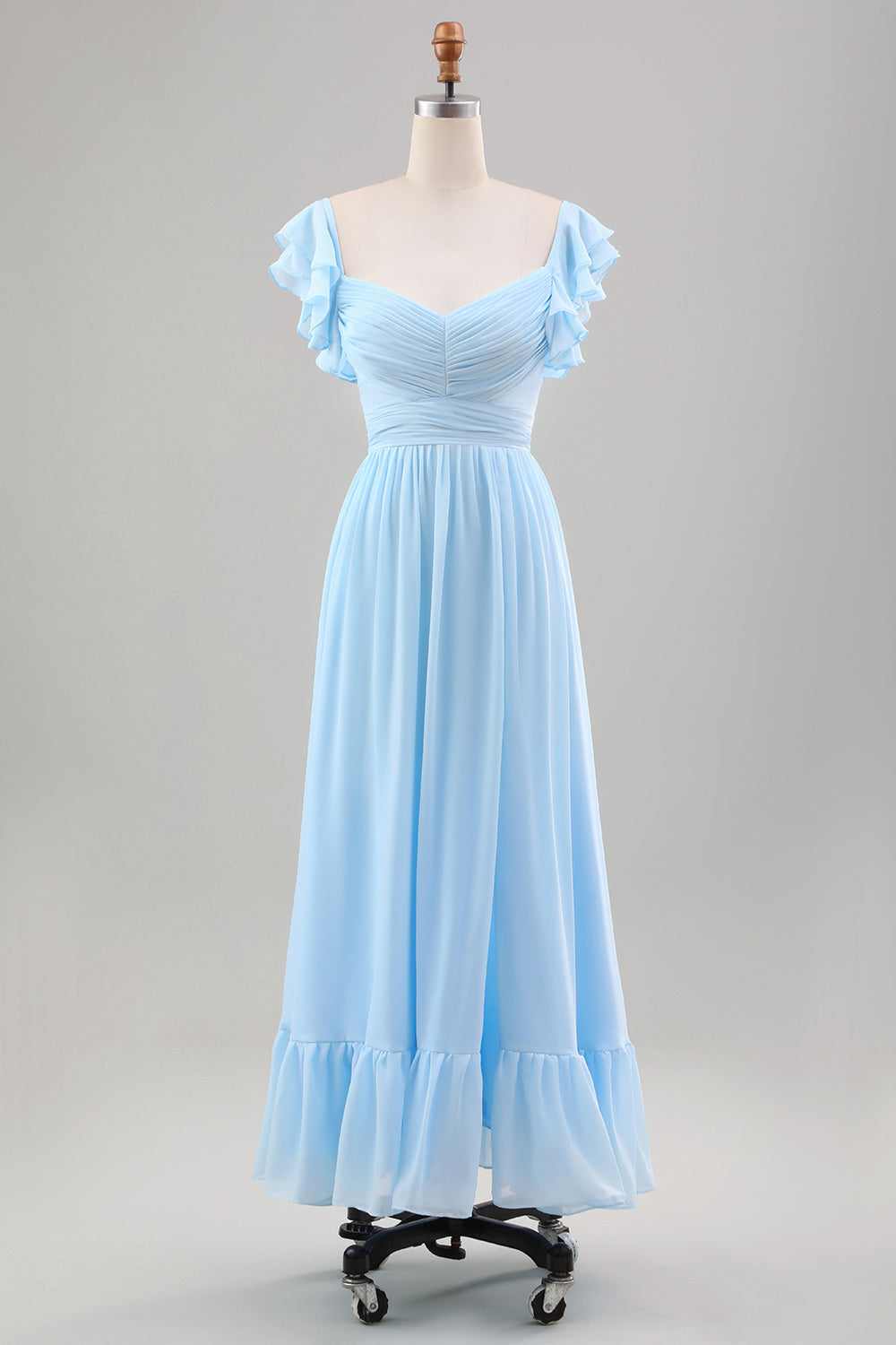 Zapaka Women Sky Blue Wedding Guest Dress Ruffle Sleeves Chiffon Tea Length Bridesmaid Dresses, Chiffon color / US12