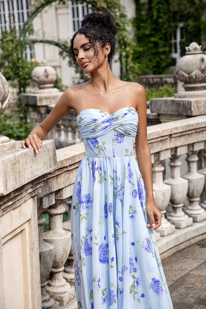 Zapakasa Women Blue Floral Wedding Party Guest Dress A Line Sweetheart