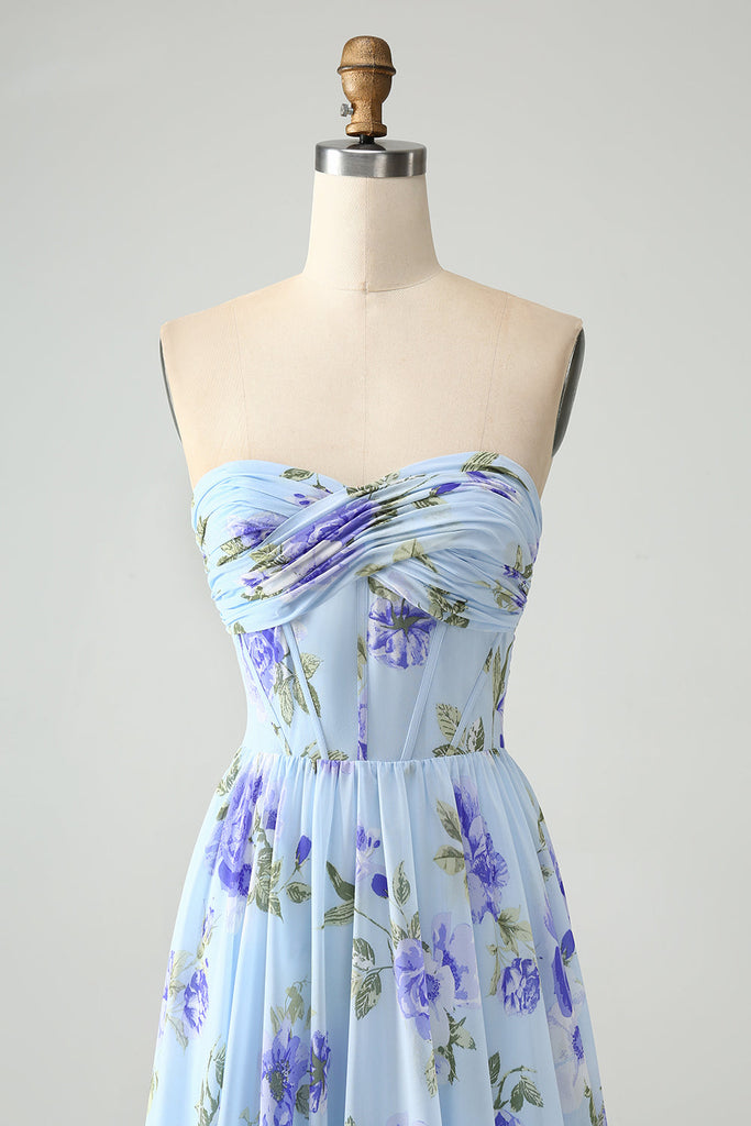 Zapakasa Women Blue Floral Wedding Guest Dress A Line Sweetheart