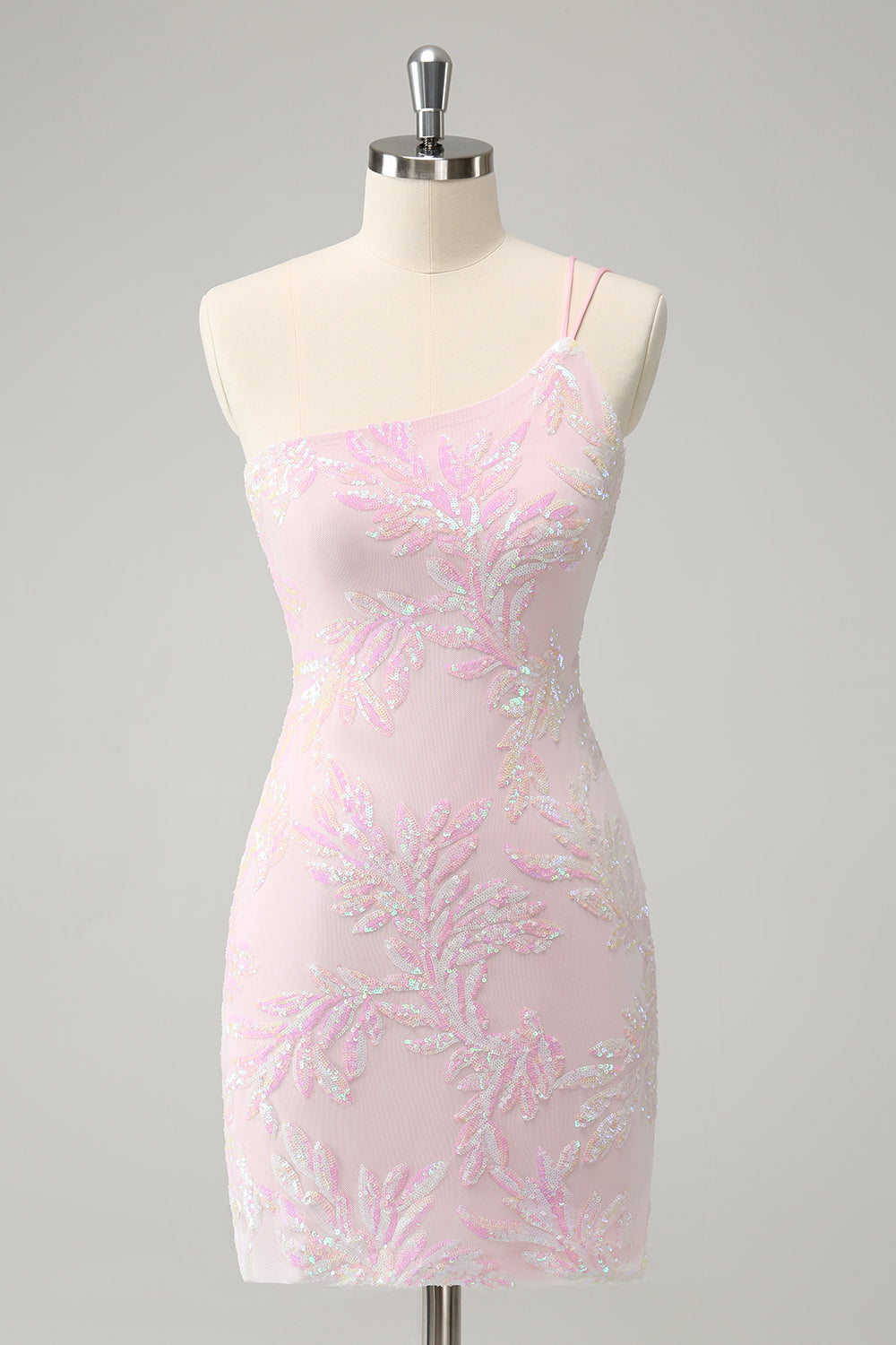 Zapakasa Women Glitter Pink Tight Homecoming Dress One Shoulder Sequined  Embroidery Short Prom Dress