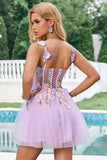 Purple A Line Halter Flowers Tulle Short Homecoming Dress