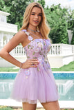 Purple A Line Halter Flowers Short Tulle Homecoming Dress