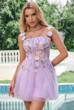 Purple A Line Halter Flowers Short Tulle Homecoming Dress