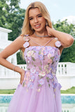 Purple A Line Halter Flowers Short Tulle Homecoming Dress