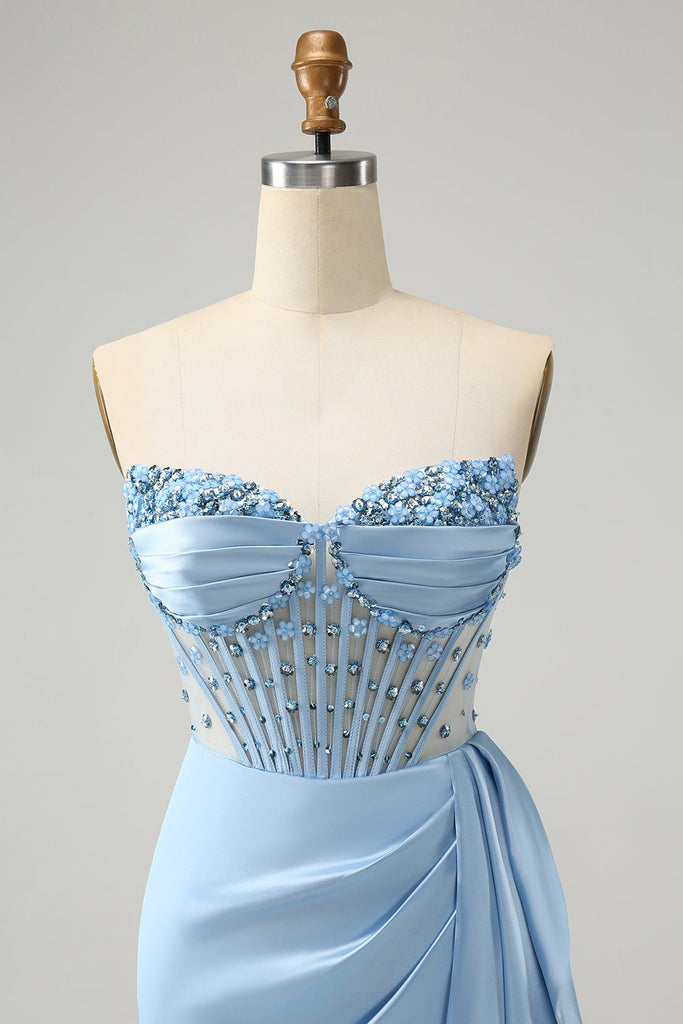 Sparkly Blue Bodycon Sweetheart Beaded Corset Homecoming Dress with Slit main image 0