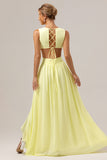 Lemon Yellow A Line Ruched Long Bridesmaid Dress with Ruffles