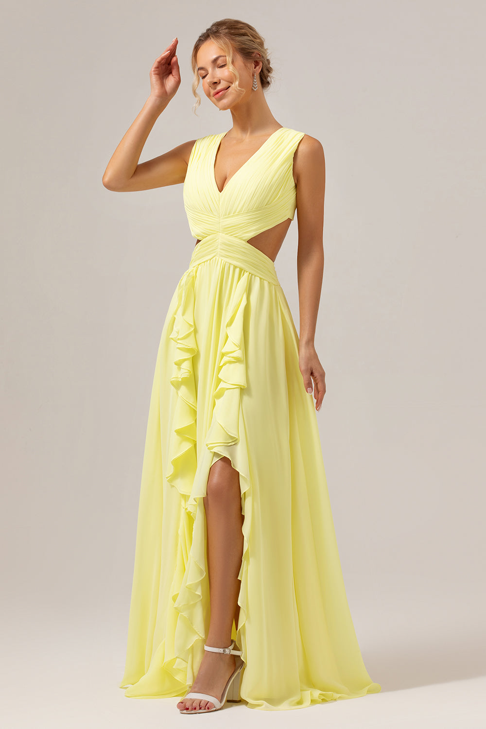 Lemon Yellow A Line Ruched Long Bridesmaid Dress with Ruffles