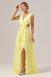Lemon Yellow A Line Ruched Long Bridesmaid Dress with Ruffles