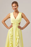 Lemon Yellow A Line Ruched Long Bridesmaid Dress with Ruffles